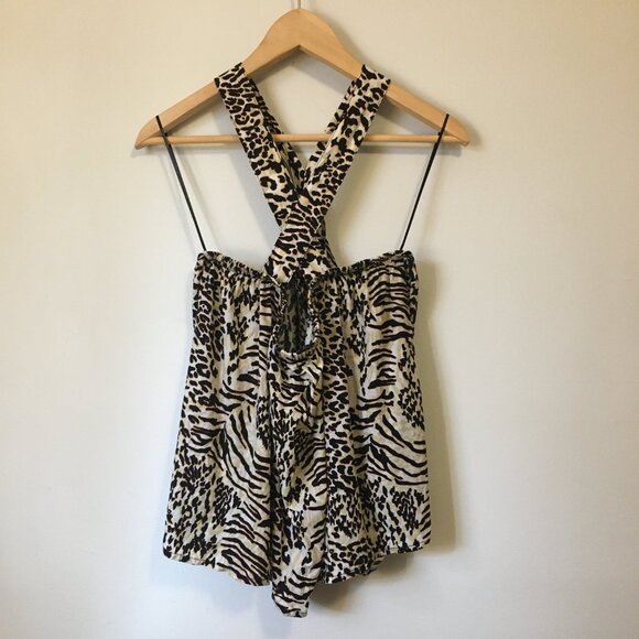 Crossback Big Cat Print Rayon Halter Top - Picture 2 of 13